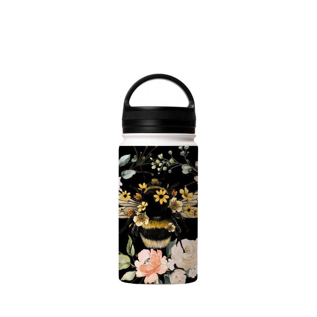 Water Bottles-Bee I Black Insulated Stainless Steel Water Bottle-12oz (350ml)-handle cap-Insulated Steel Water Bottle Our insulated stainless steel bottle comes in 3 sizes- Small 12oz (350ml), Medium 18oz (530ml) and Large 32oz (945ml) . It comes with a leak proof cap Keeps water cool for 24 hours Also keeps things warm for up to 12 hours Choice of 3 lids ( Sport Cap, Handle Cap, Flip Cap ) for easy carrying Dishwasher Friendly Lightweight, durable and easy to carry Reusable, so it's safe for th