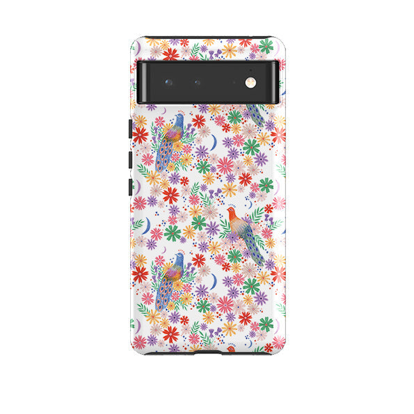 Google phone case-Peacock Pattern White By Lee Foster Wilson-Product Details Raised bevel to protect screen from scratches. Impact resistant polycarbonate shell and shock absorbing inner TPU liner. Secure fit with design wrapping around side of the case and full access to ports. Compatible with Qi-standard wireless charging. Thickness 1/8 inch (3mm), weight 30g. Compatibility See drop down menu for options, please select the right case as we print to order.-Stringberry