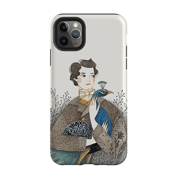 iPhone phone case-Man With Peacock By Meghann Rader-Product Details Raised bevel to protect screen from scratches. Impact resistant polycarbonate shell and shock absorbing inner TPU liner. Secure fit with design wrapping around side of the case and full access to ports. Compatible with Qi-standard wireless charging. Thickness 1/8 inch (3mm), weight 30g. Compatibility See drop down menu for options, please select the right case as we print to order.-Stringberry