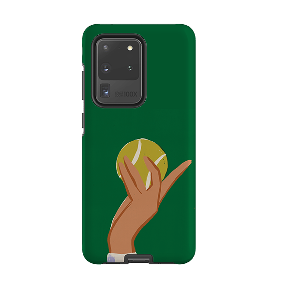 Samsung Tough Case featuring a white bird and vibrant floral art by Claire West on a black dual-layer phone cover.