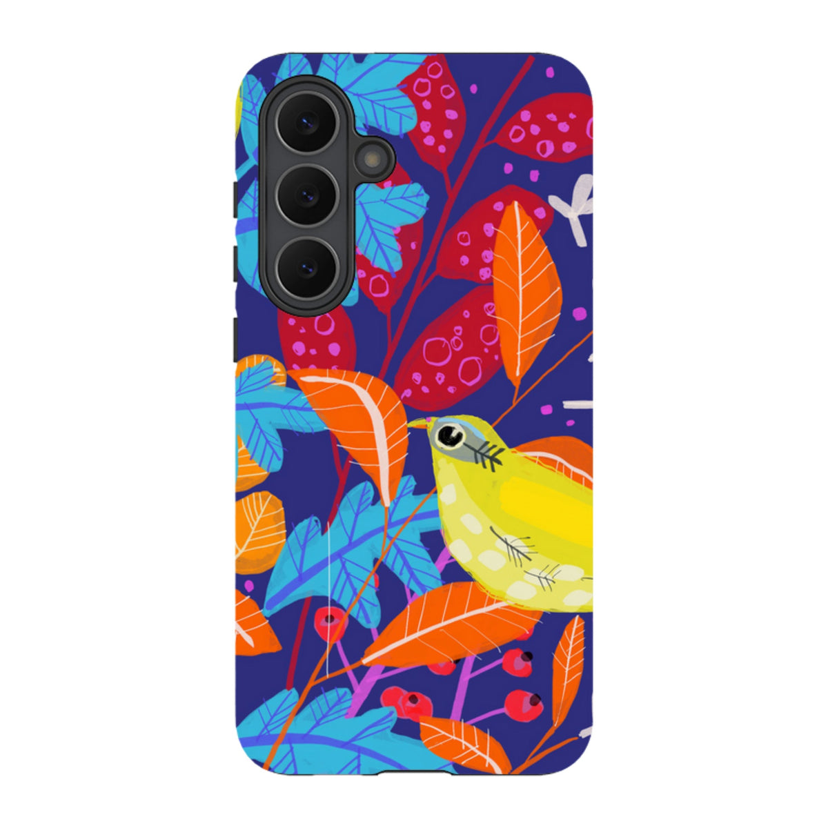 Samsung tough phone case featuring a vibrant Yellow Bird design by Claire West with colorful foliage on a deep blue background.