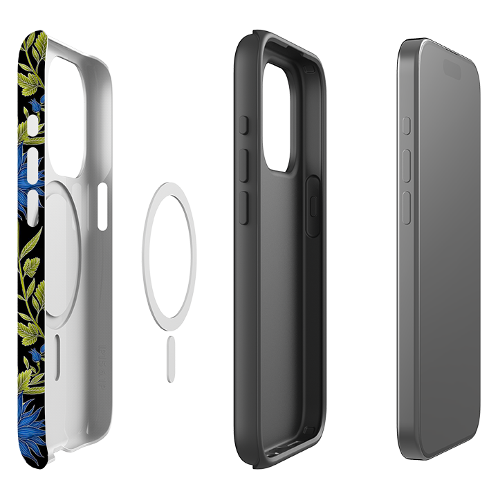 iPhone MagSafe Tough Case - Blue Flowers Black By Catherine Rowe
