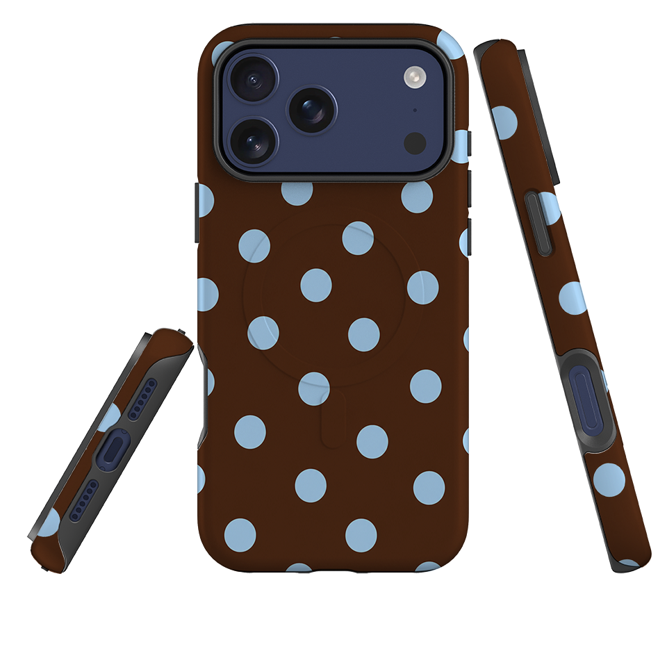 iPhone MagSafe Tough Case - Chocolate Brown & Baby Blue Polka Dot