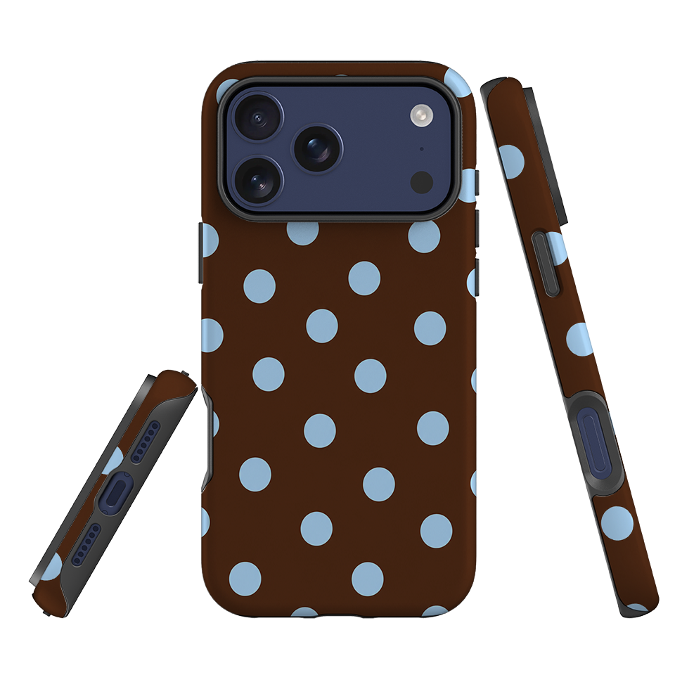 iPhone Tough Case - Chocolate Brown & Baby Blue Polka Dot