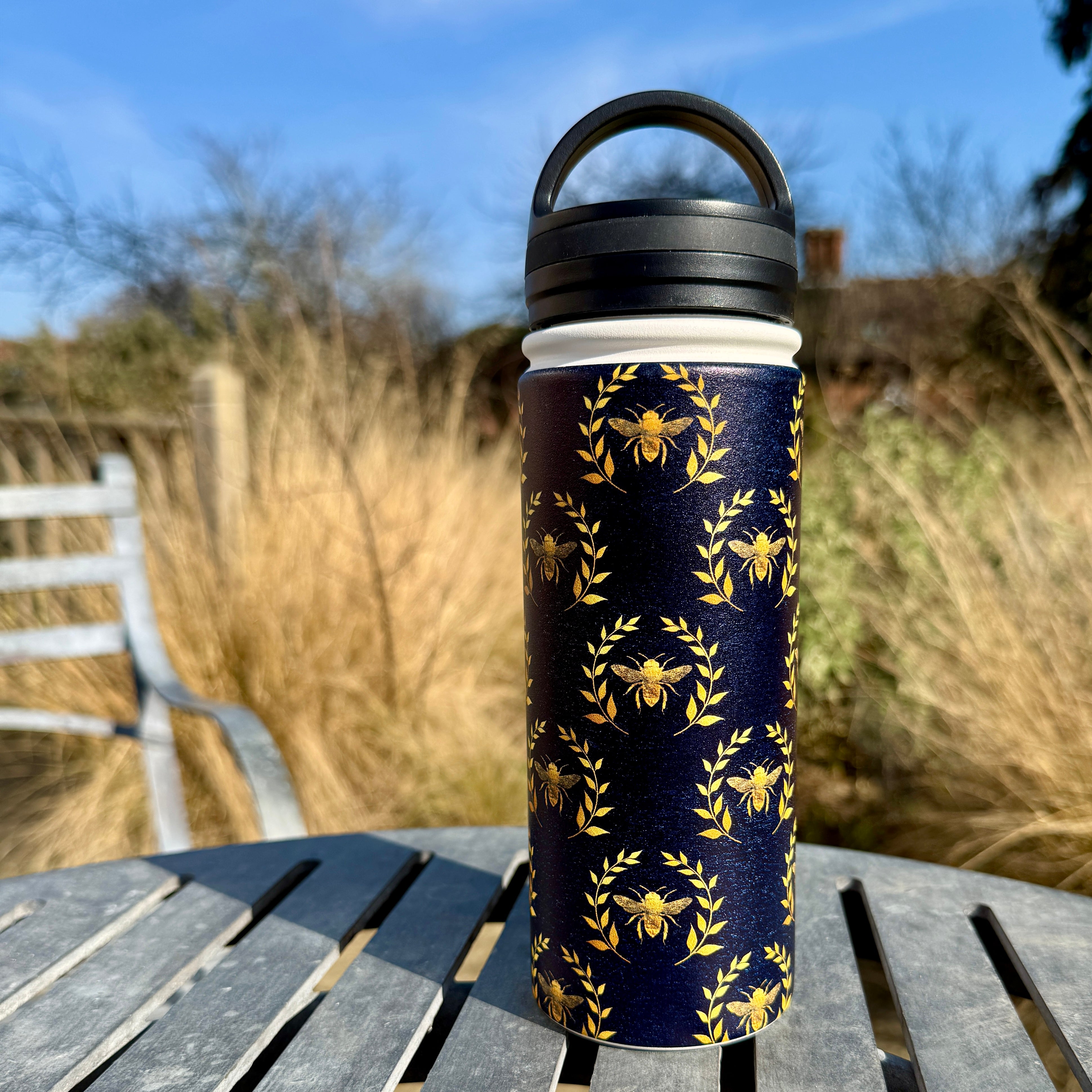 Golden Bees Blue Insulated Stainless Steel Water Bottle