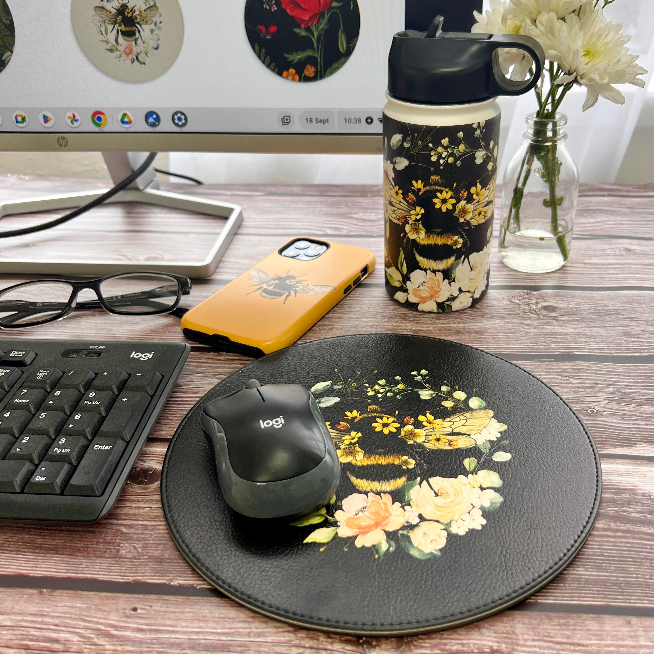 Bee I Black Vegan Leather Mouse Mat
