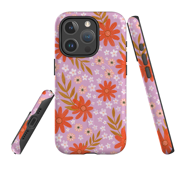 iPhone MagSafe Tough Case - Lilac and Red Floral Pattern By Lee Foster Wilson