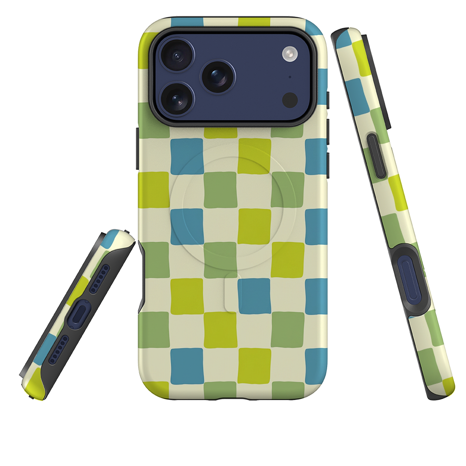 iPhone MagSafe Tough Case - Lime Green & Blue Checkerboard