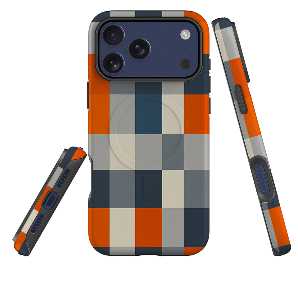 iPhone MagSafe Tough Case - Navy Blue & Orange Gingham