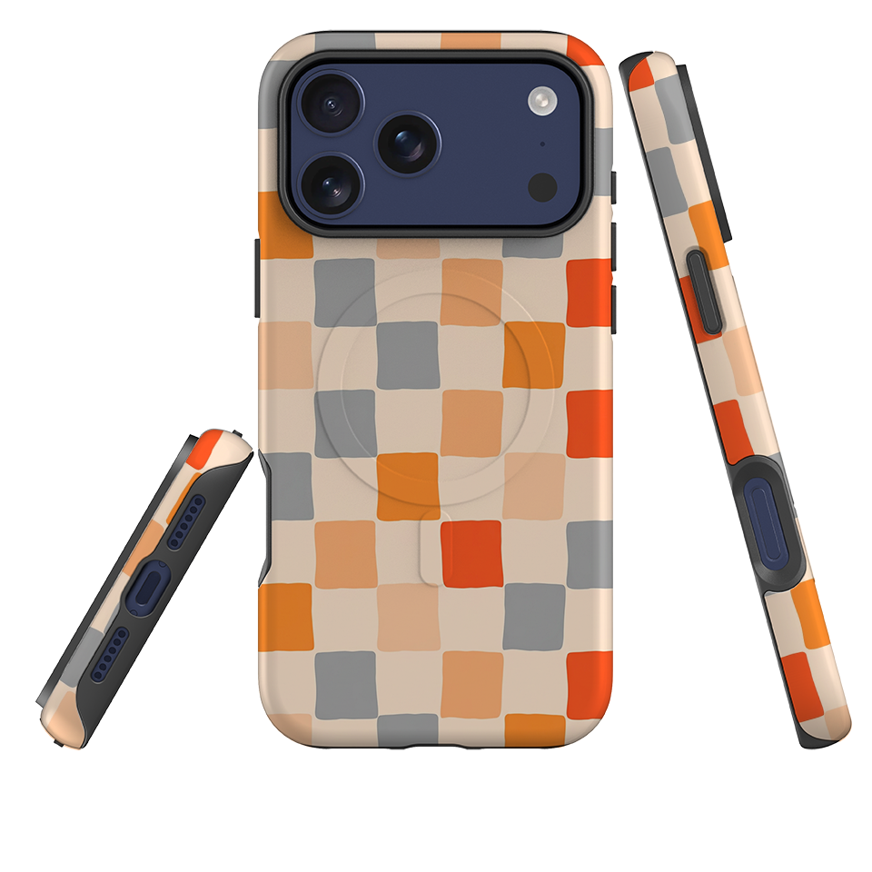 iPhone MagSafe Tough Case - Orange & Grey Checkerboard