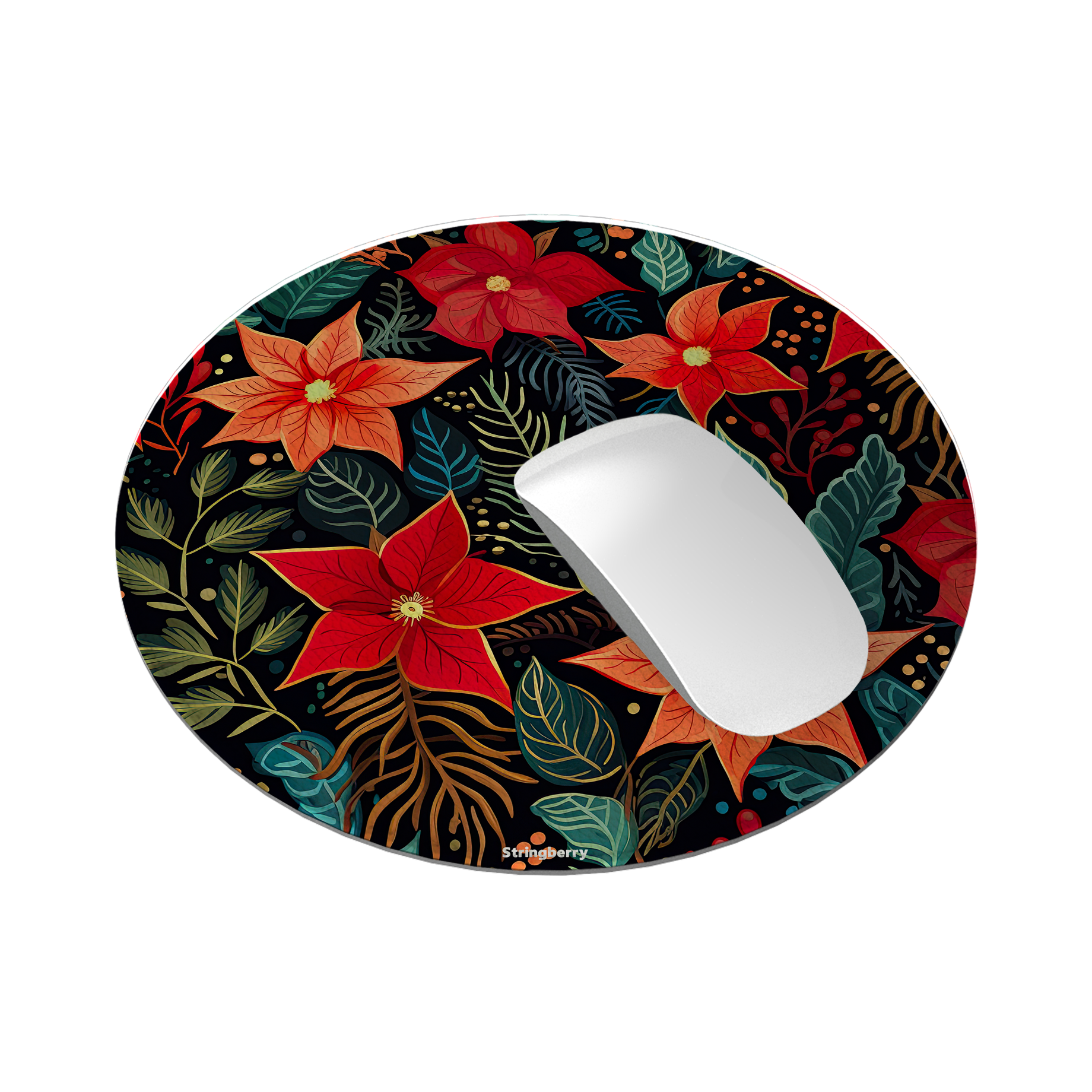 Red Winter Floral Vegan Leather Mouse Mat