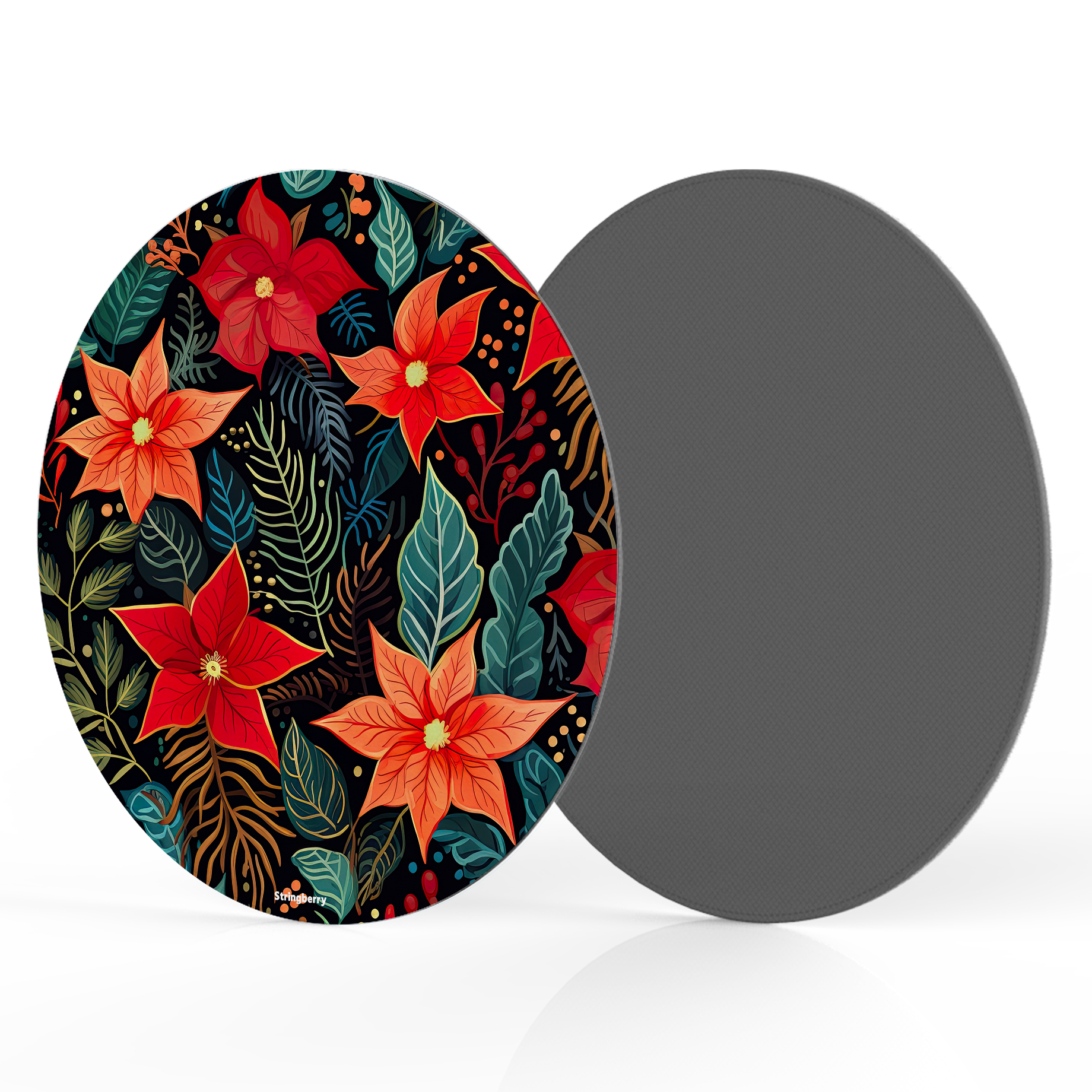 Red Winter Floral Vegan Leather Mouse Mat