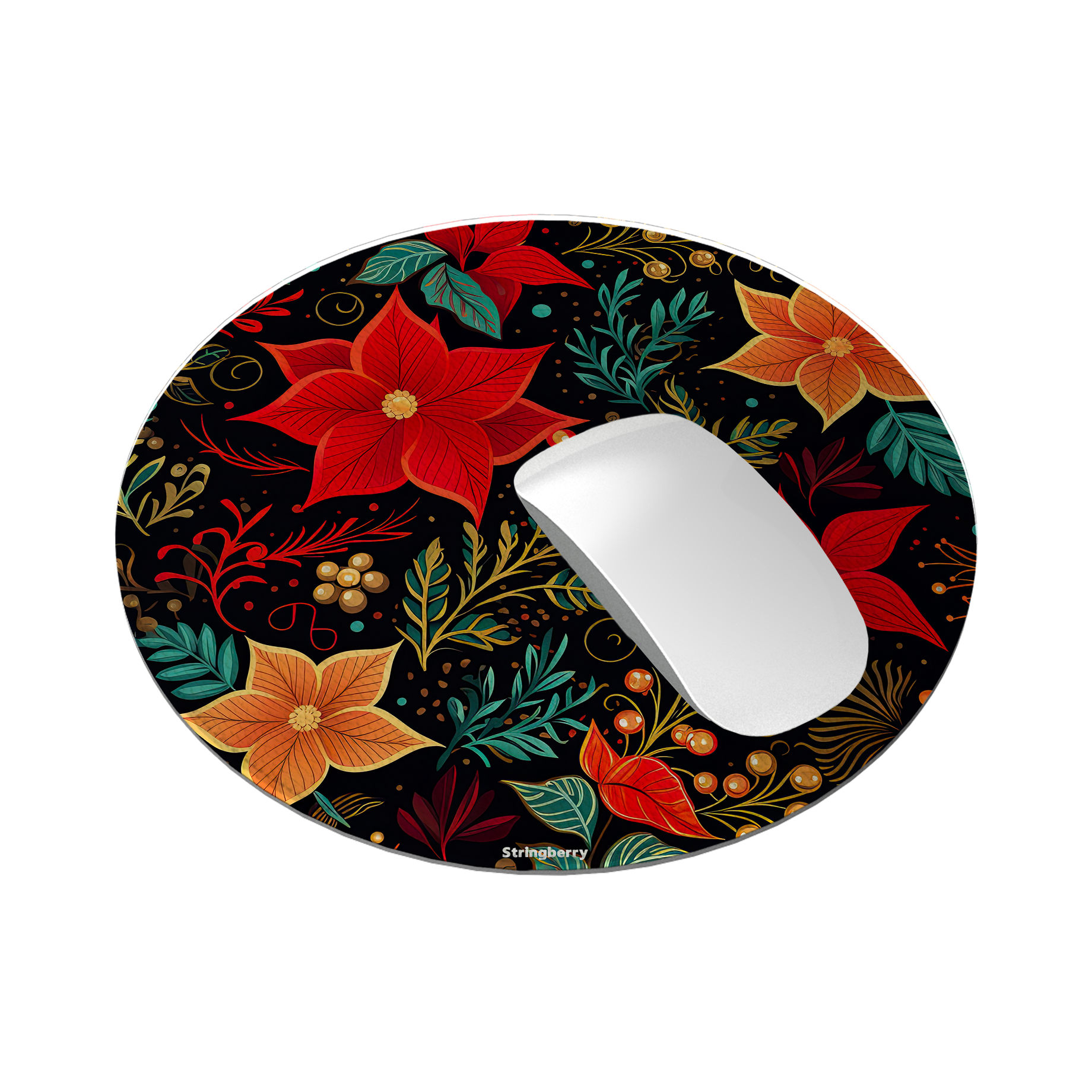 Red Winter Floral II Vegan Leather Mouse Mat