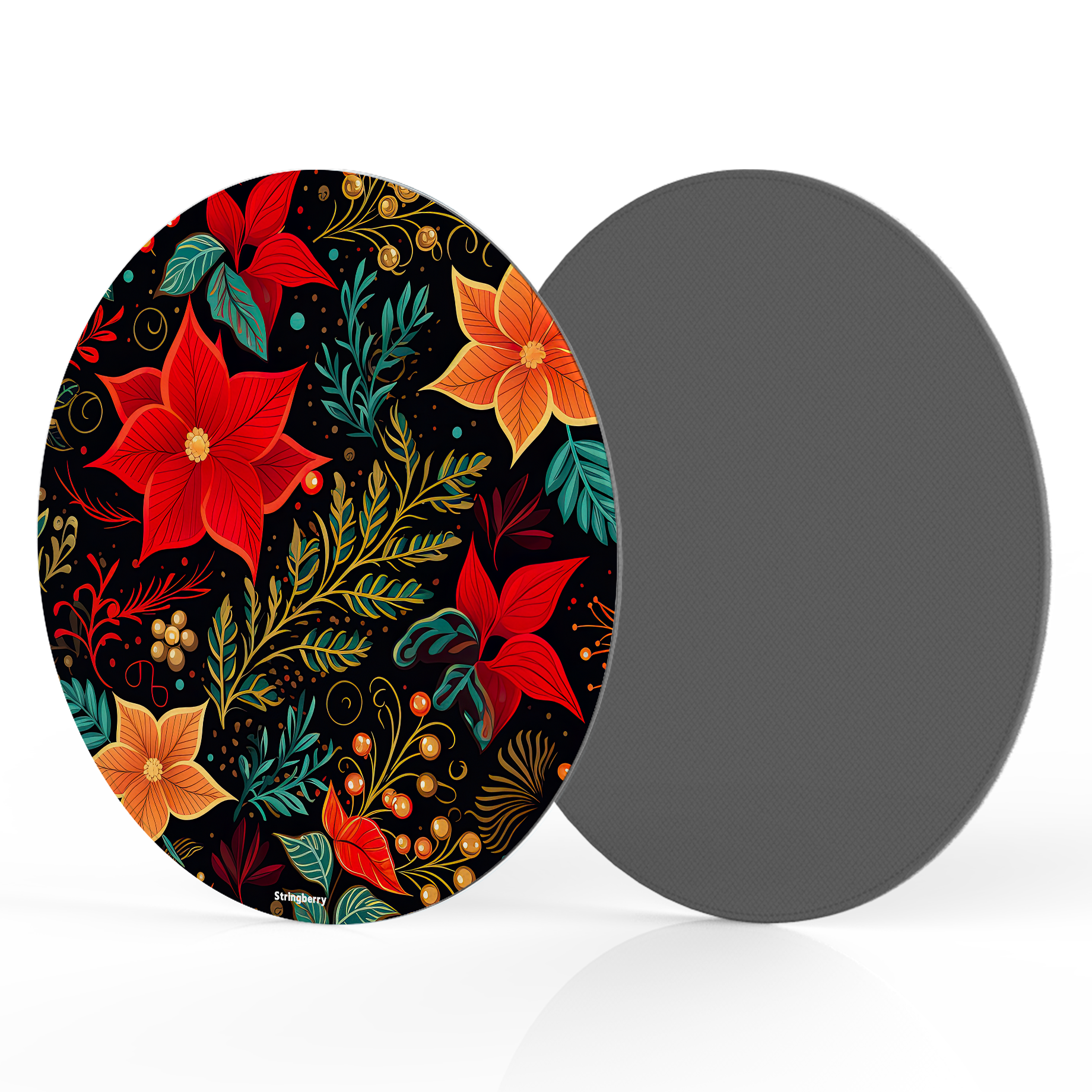 Red Winter Floral II Vegan Leather Mouse Mat