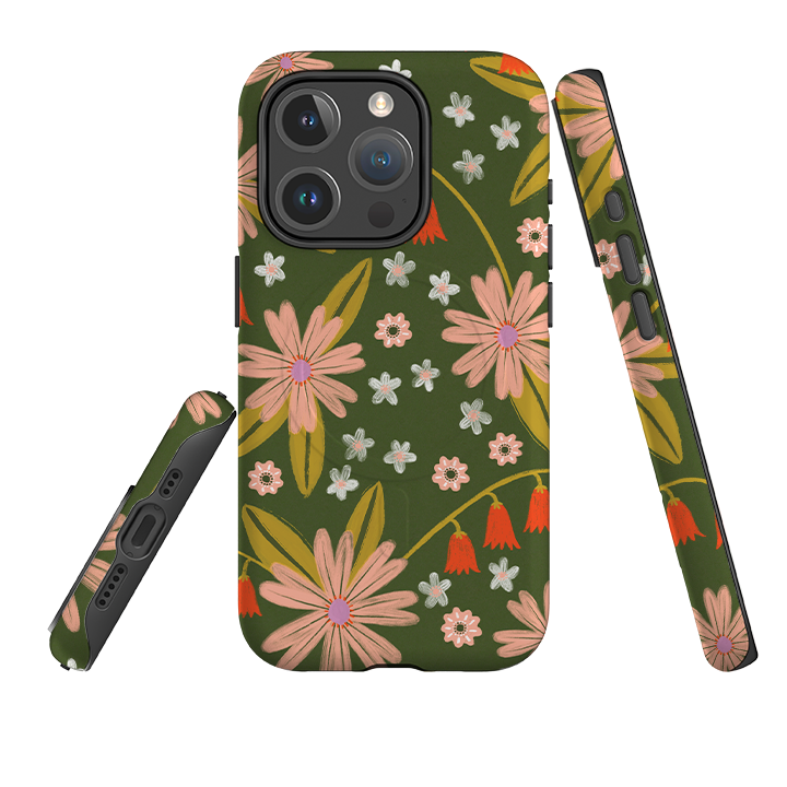 iPhone MagSafe Tough Case - Red and Green Floral Pattern By Lee Foster Wilson
