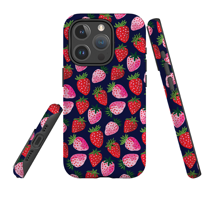 iPhone MagSafe Tough Case - Strawberry Scatter Navy By Emma Frances Grant