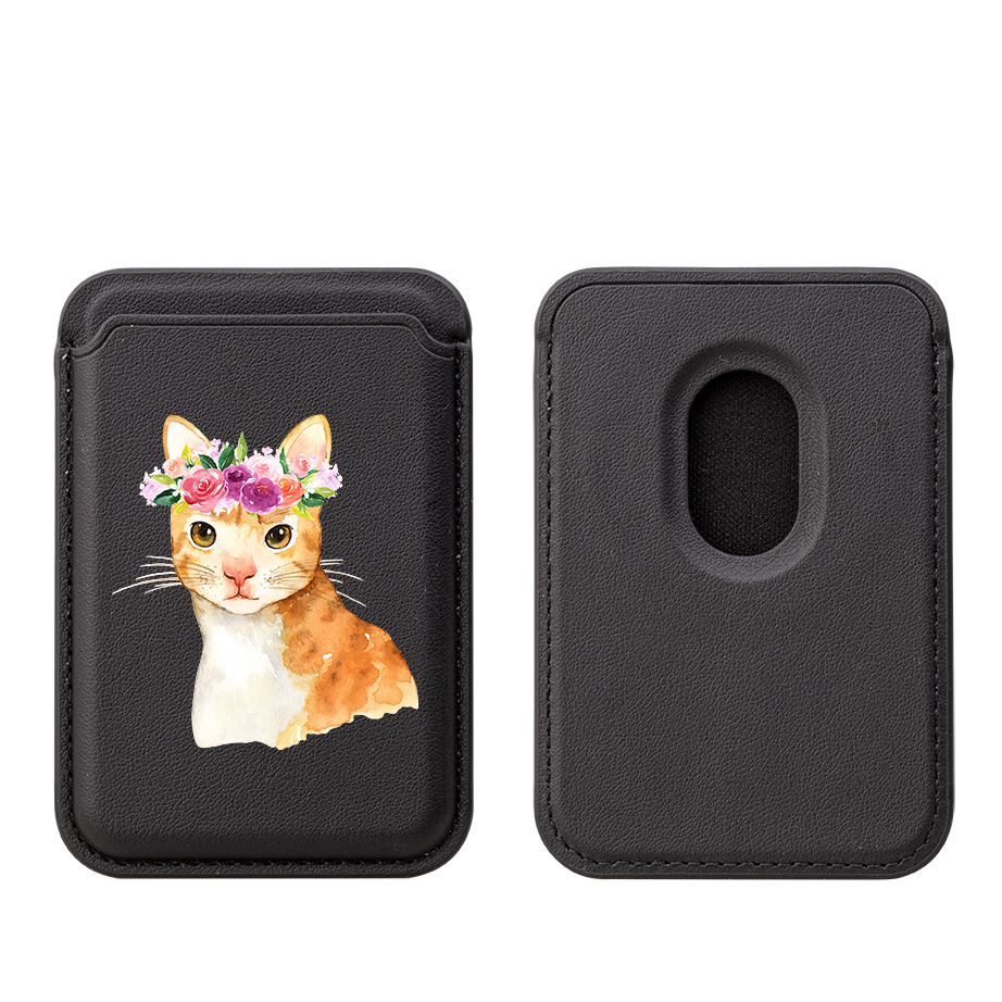 Floral Cat MagSafe Wallet- Black