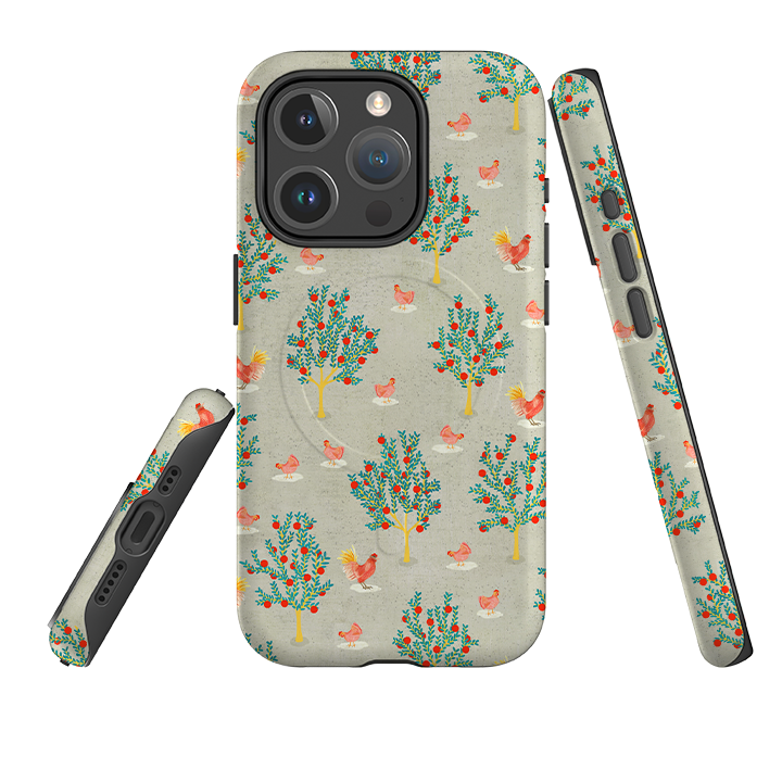 iPhone MagSafe Tough Case - Apple Trees and Chickens Grey By Katherine Quinn