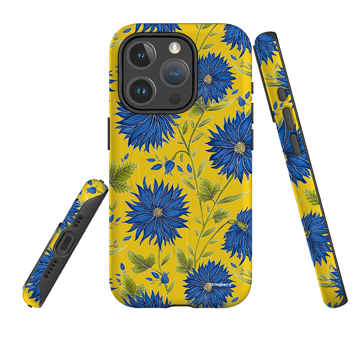iPhone MagSafe Tough Case - Blue Flowers Yellow By Catherine Rowe