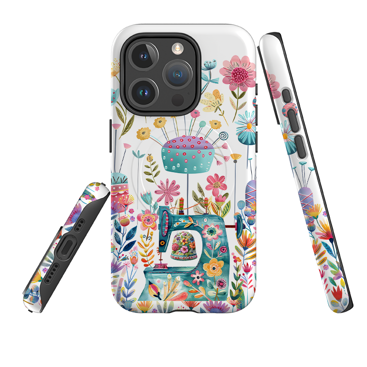 iPhone MagSafe Здрав калъф - Шевна машина с флорален десен