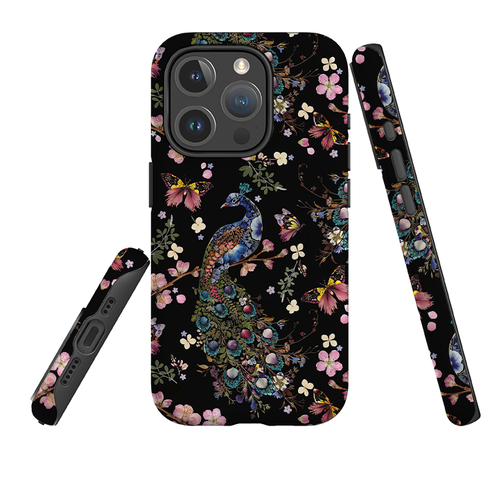 iPhone MagSafe Tough Case -  Peacock and Cherry Blossoms Dark By Helen Ahpornsiri