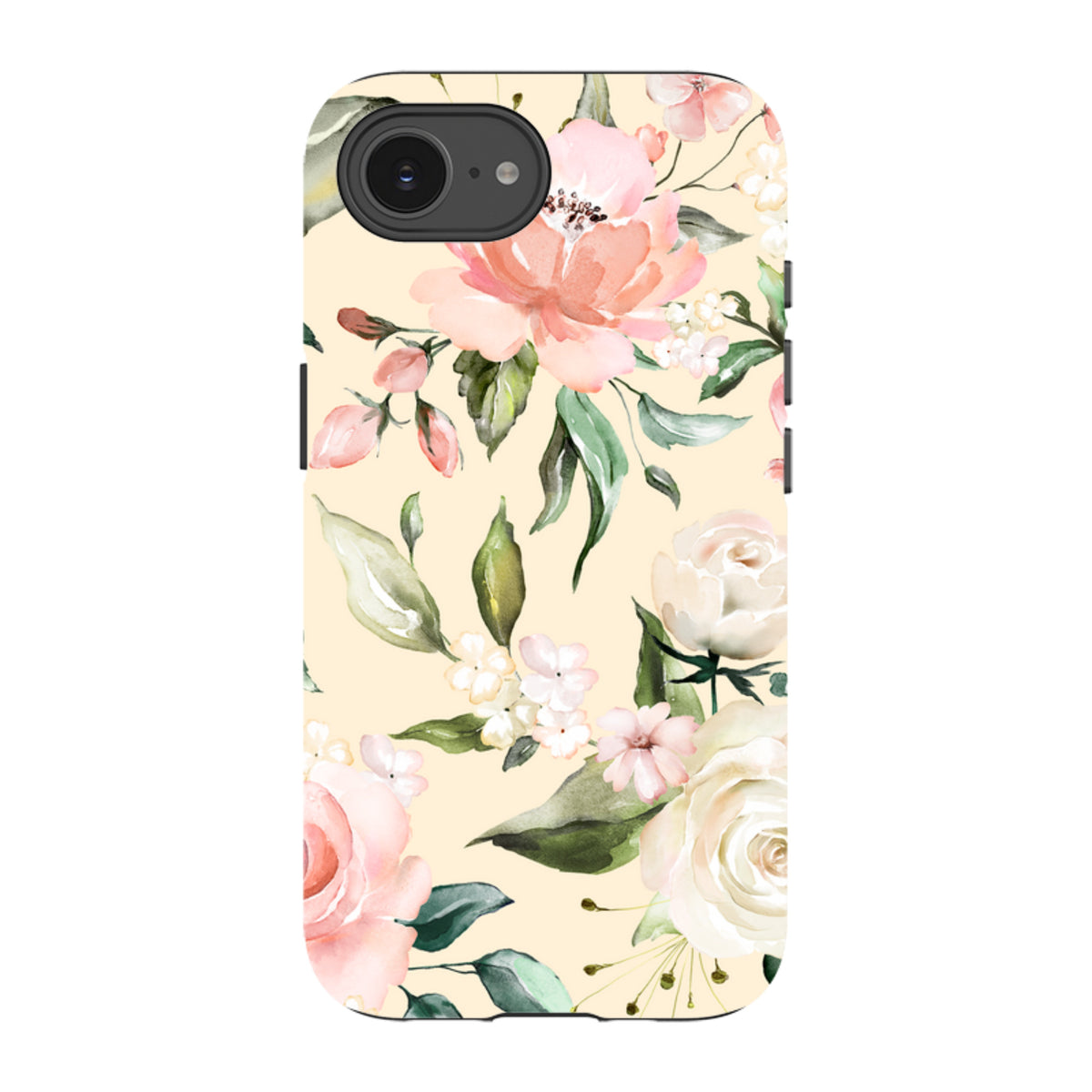 iPhone Tough Case featuring a cream background with watercolor pink and white floral patterns and green foliage.