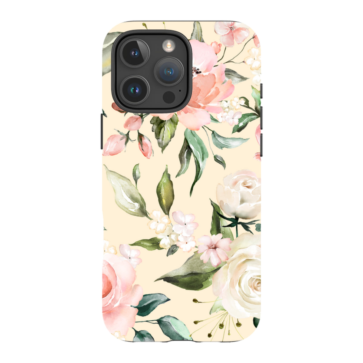 iPhone Tough Case in Abinger floral print with pink and white watercolor flowers on a cream background.