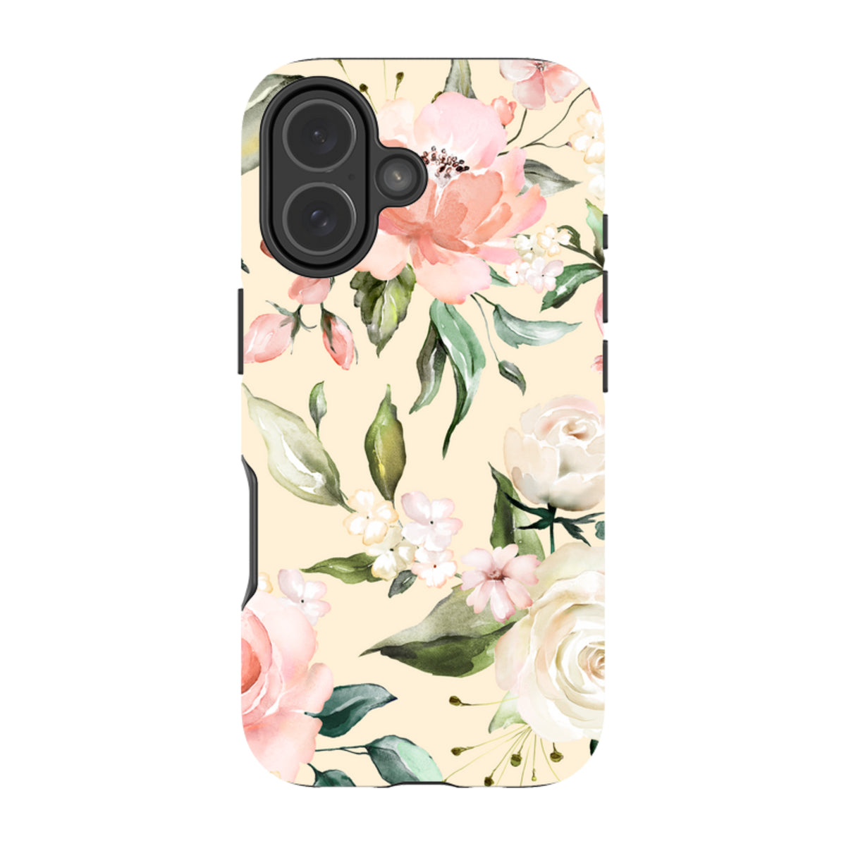 iPhone Tough Case in Abinger floral print with soft pink and cream watercolor flowers on a pale yellow background.