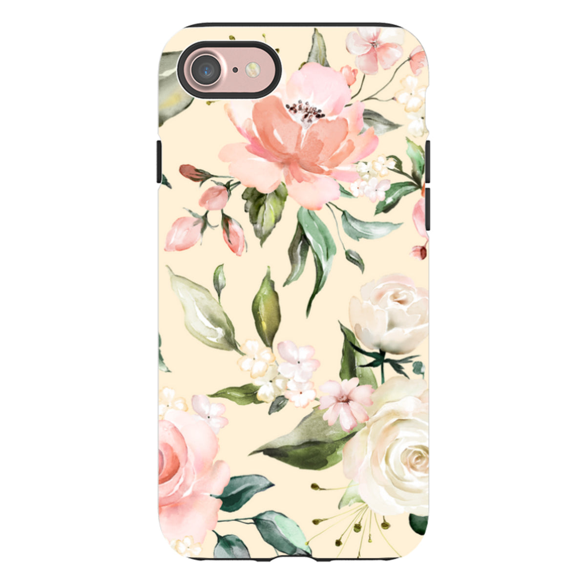 iPhone Tough Case in Abinger floral print with soft pink and cream watercolor flowers on a pale yellow background.