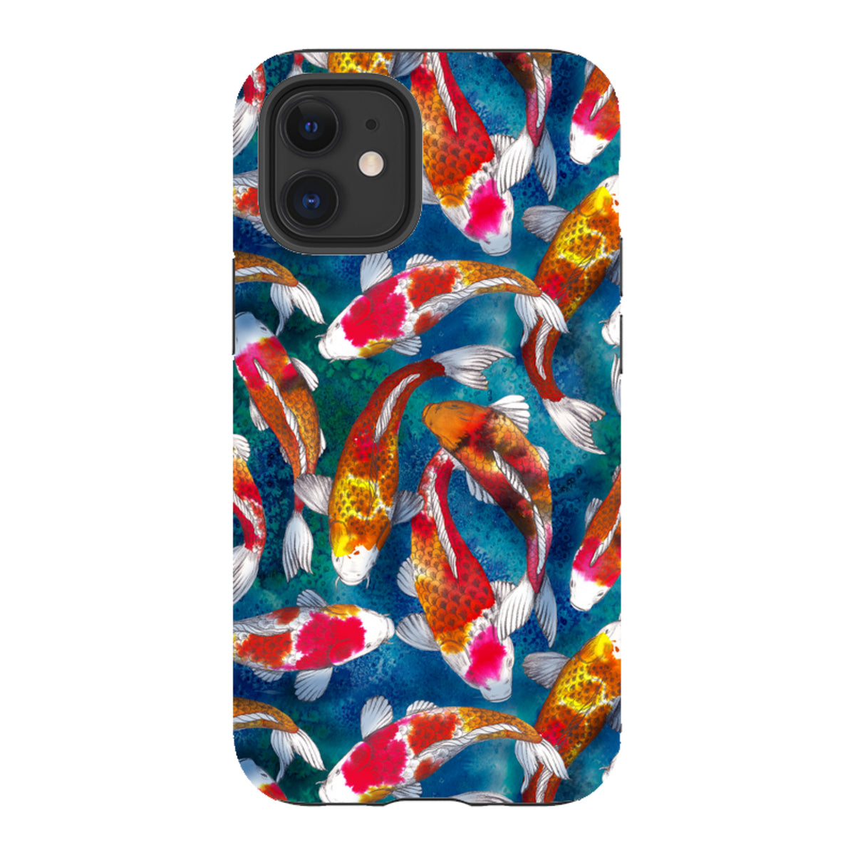 iPhone Tough Case featuring a vibrant koi fish pattern on a textured blue background with dual-layer protective design.