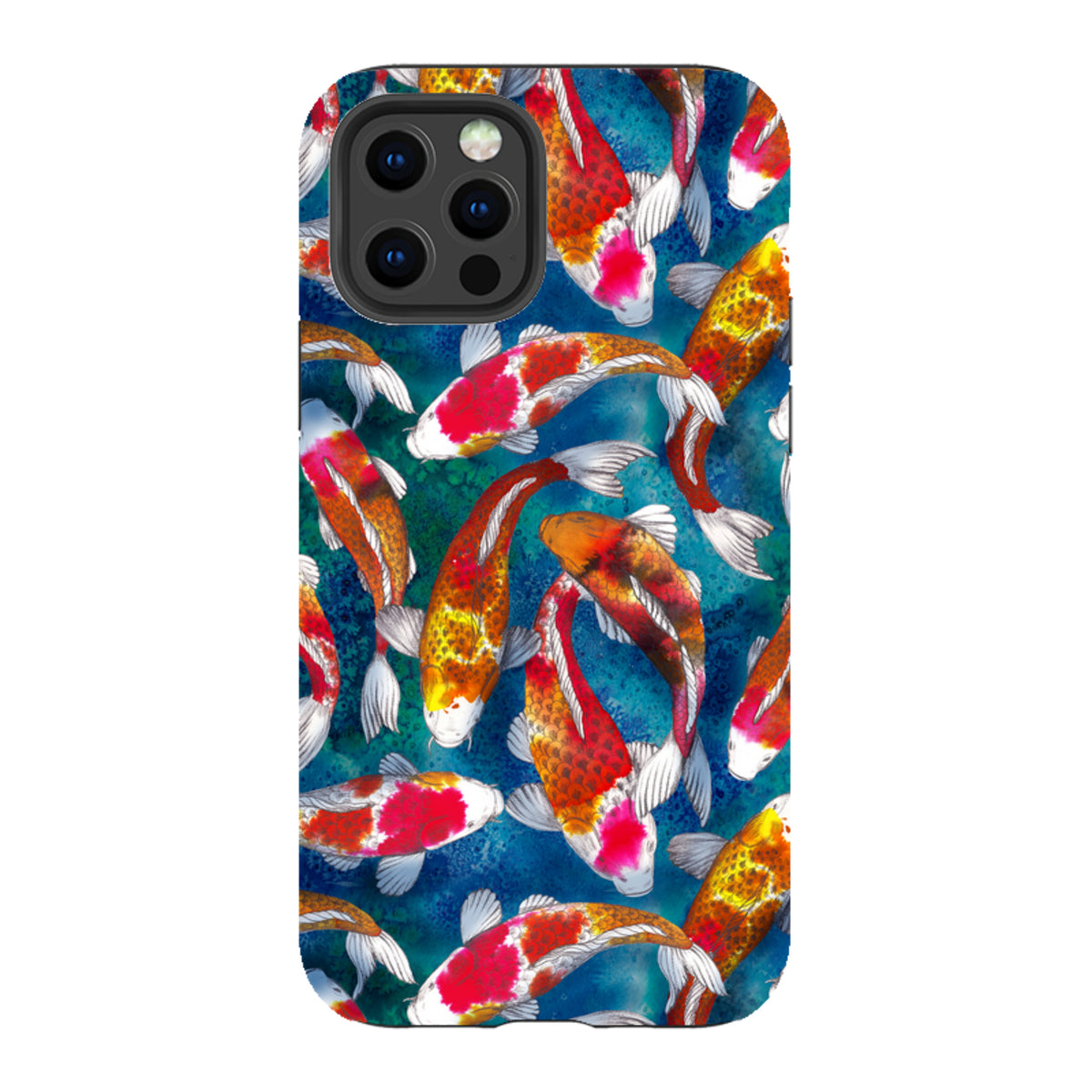 iPhone Tough Case featuring a vibrant koi fish pattern with red, orange, and white scales on a deep blue textured background.