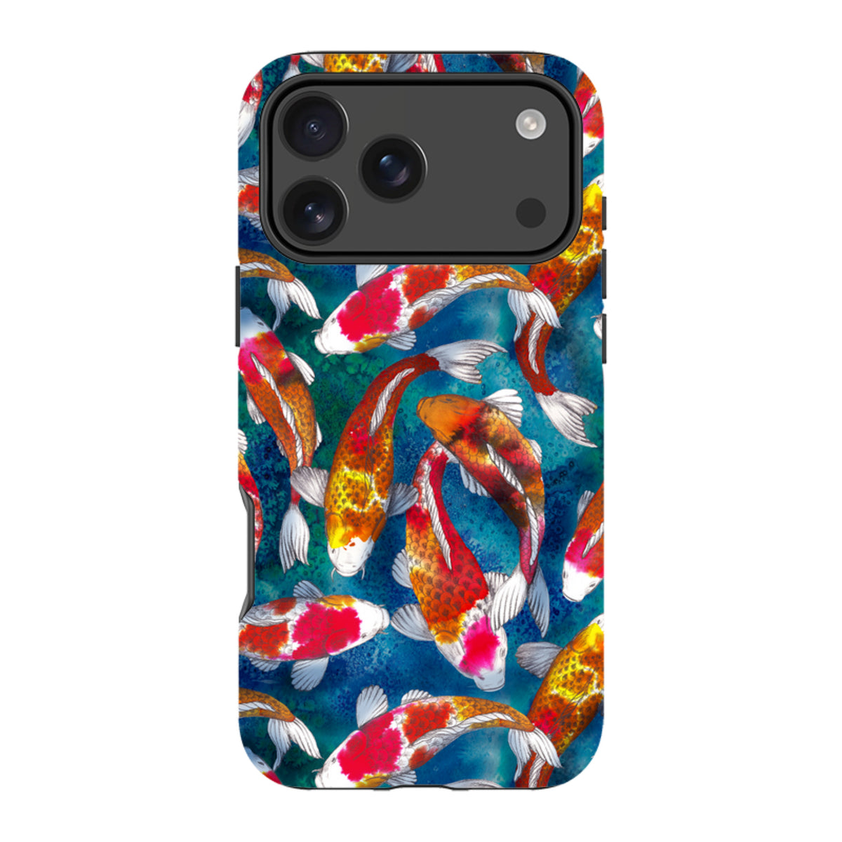 iPhone Tough Case featuring a vibrant koi fish pattern on a deep blue textured background with dual-layer protection.