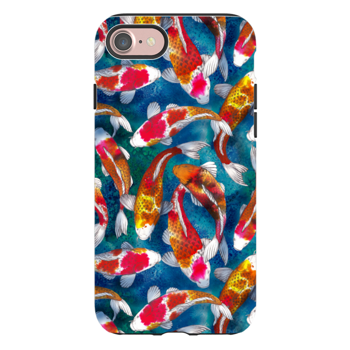 Dual-layer iPhone Tough Case featuring a vibrant koi fish pattern on a textured blue background.
