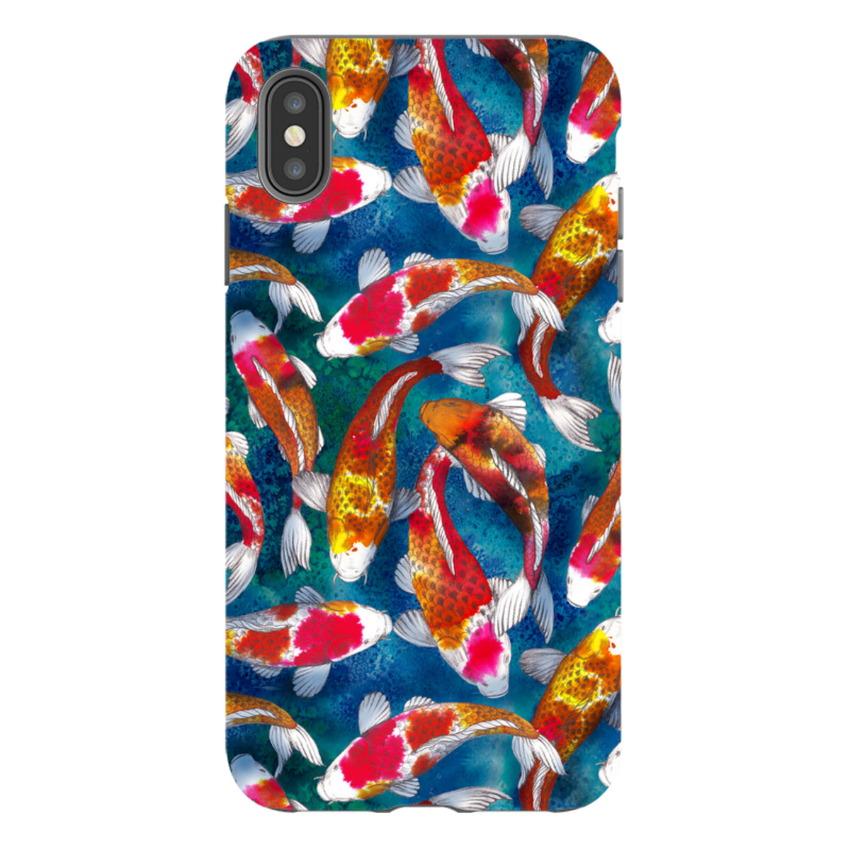iPhone Tough Case featuring a vibrant koi fish pattern on a textured blue background with dual-layer protection.