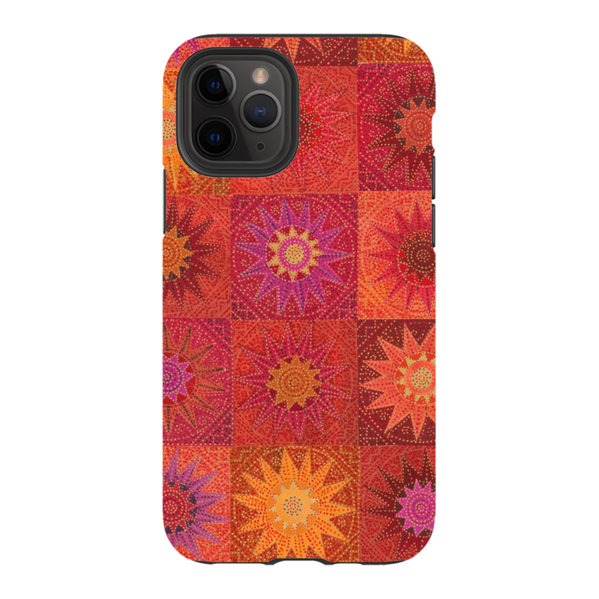iPhone Tough Case featuring African Suns artwork with vibrant red, orange, and pink star patterns in a dual-layer design.