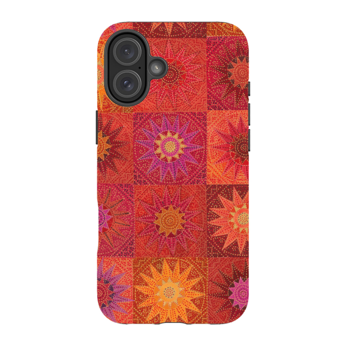 iPhone tough case featuring a vibrant African Suns grid pattern in warm red, orange, and yellow dot-art style.