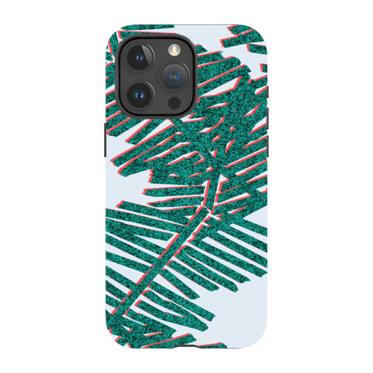 iPhone tough case with a light blue background and a teal palm leaf print featuring red 3D-style shadow accents.