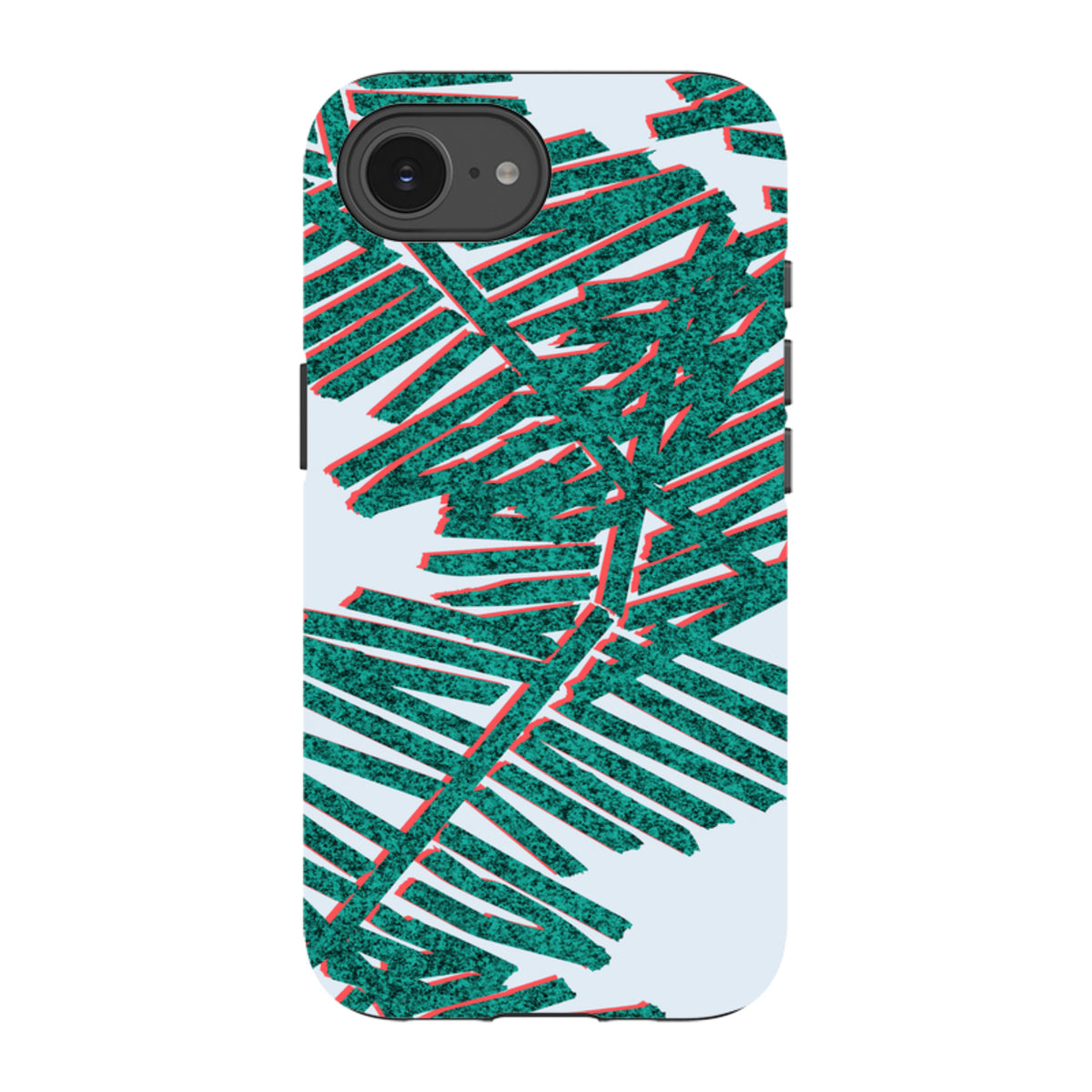 iPhone tough case with a teal and red palm leaf print on a light blue background, featuring a durable dual-layer design.