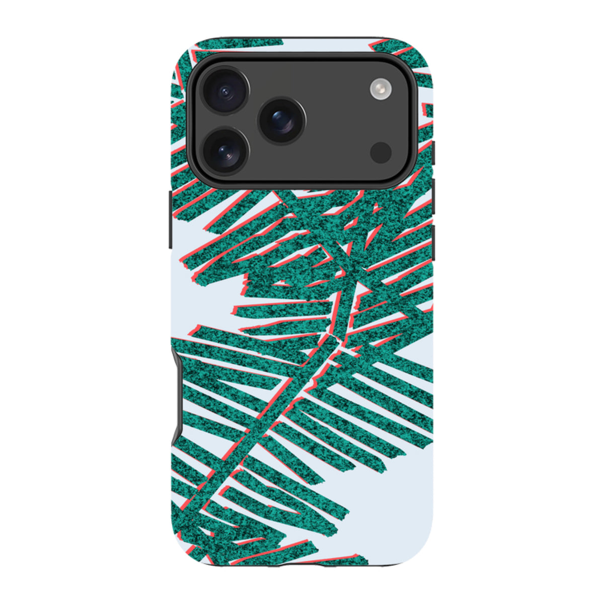 iPhone tough case with a light blue background and a textured green and red palm leaf design by Kitty Joseph.
