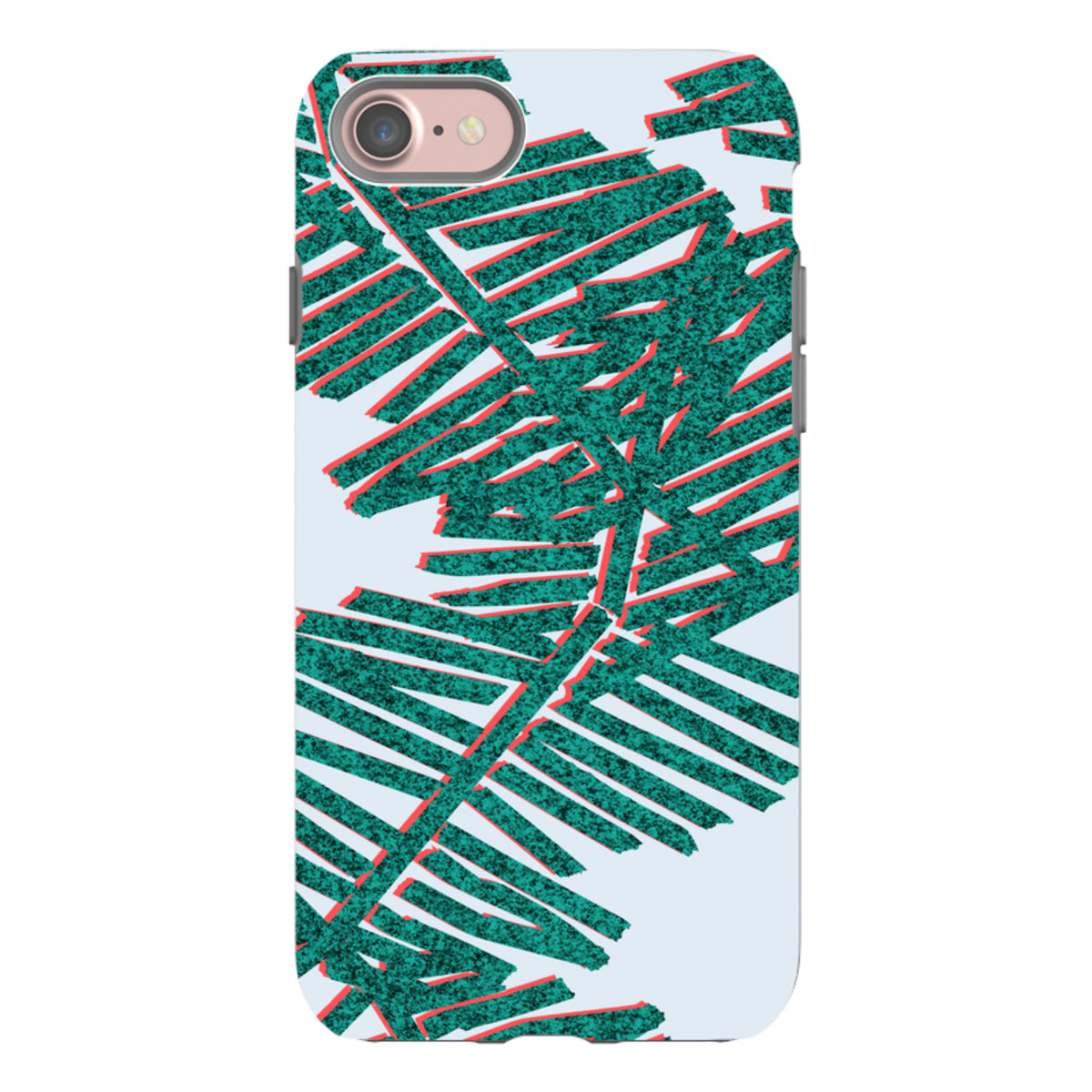 iPhone tough case featuring a teal and red palm leaf pattern on a light blue background with dual-layer protection.