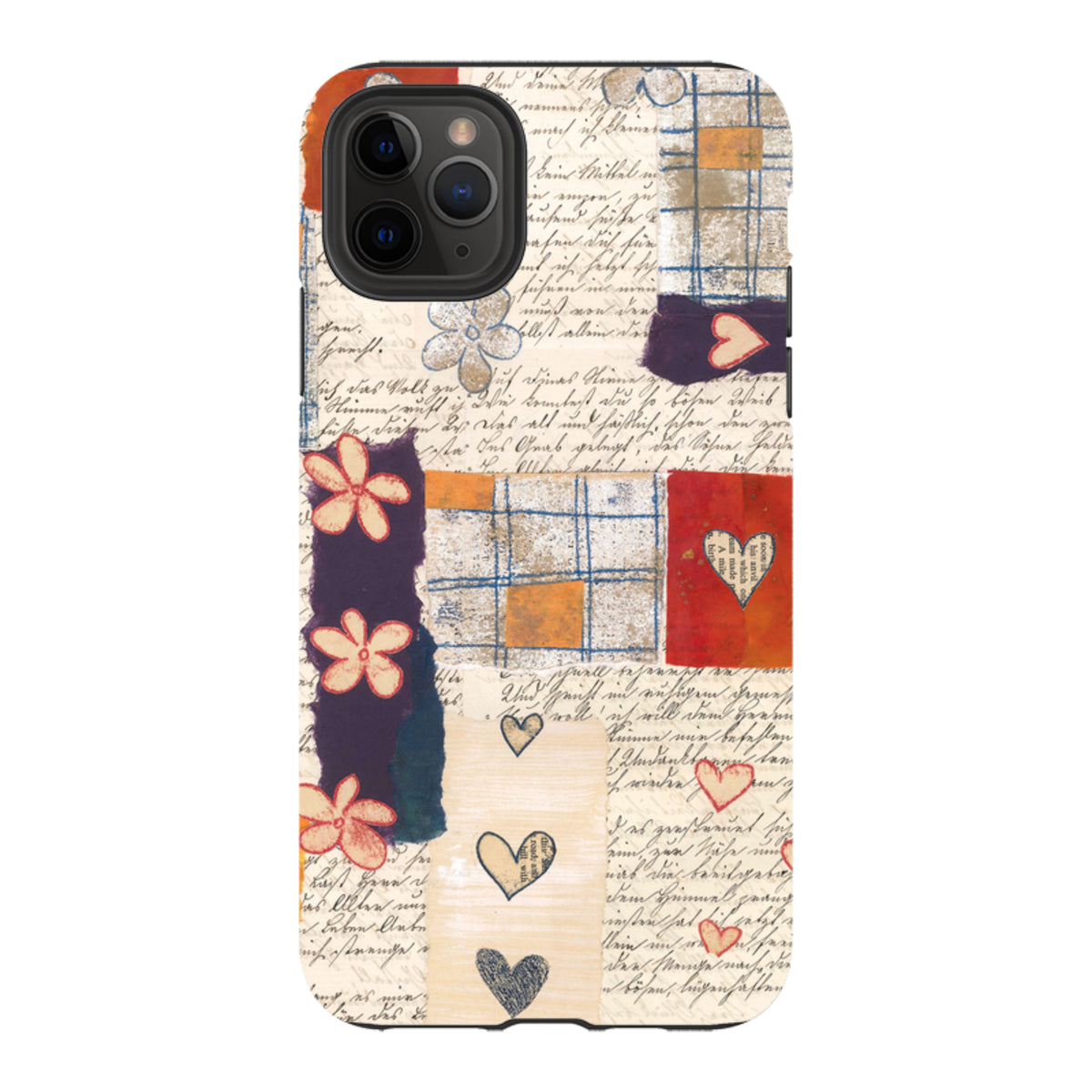 iPhone tough case featuring Alicia by Jehane collage art with handwritten script, floral motifs, and colorful hearts.