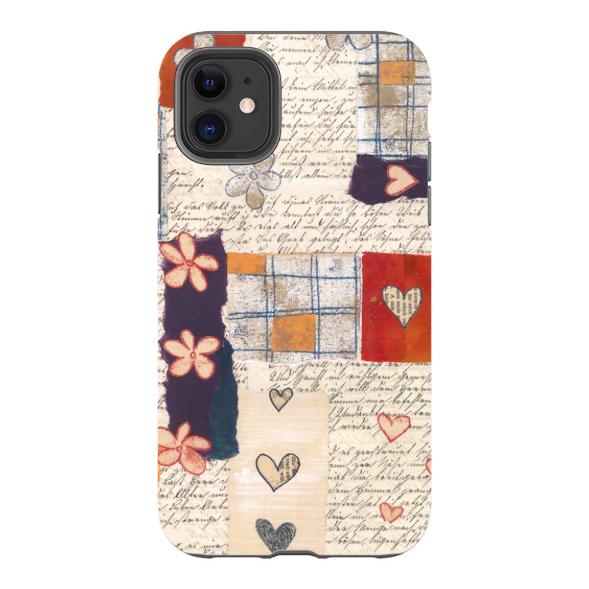 iPhone Tough Case featuring Alicia by Jehane artwork with collage-style script, floral patterns, and heart motifs.