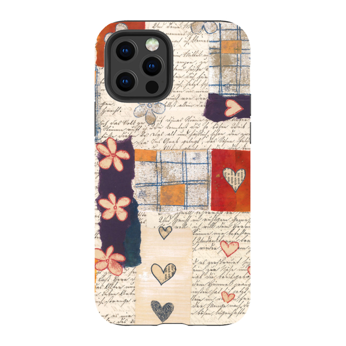 iPhone tough case with Alicia by Jehane collage art featuring vintage script, floral motifs, and heart illustrations.