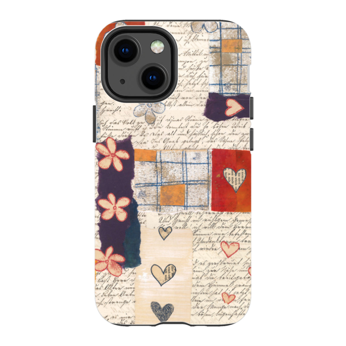 Dual-layer iPhone case featuring a collage of vintage handwriting, colorful floral patterns, and heart motifs.