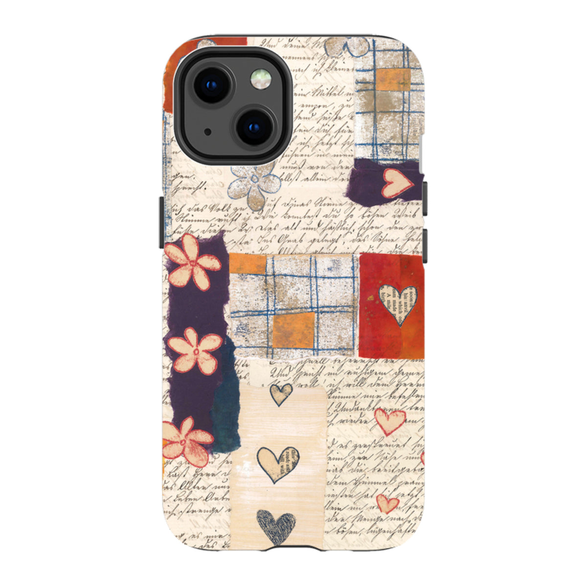 Dual-layer iPhone tough case featuring Alicia by Jehane collage art with vintage script, floral motifs, and heart patterns.