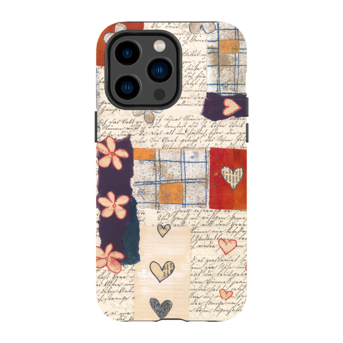 iPhone tough case featuring Alicia by Jehane collage art with vintage script, floral motifs, and hearts on a dual-layer shell.
