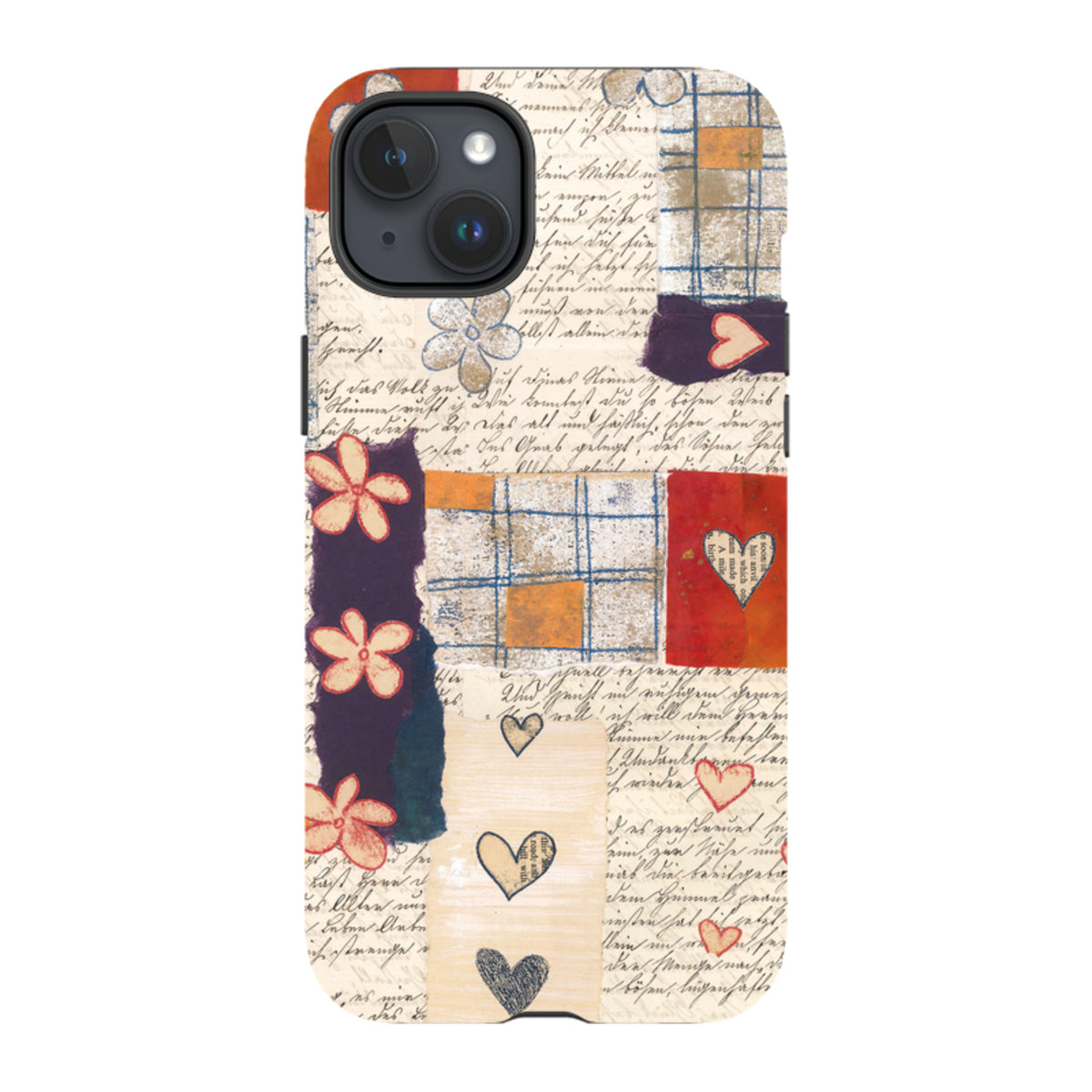 iPhone Tough Case featuring Alicia by Jehane art with vintage script, floral motifs, and colorful heart collage patterns.