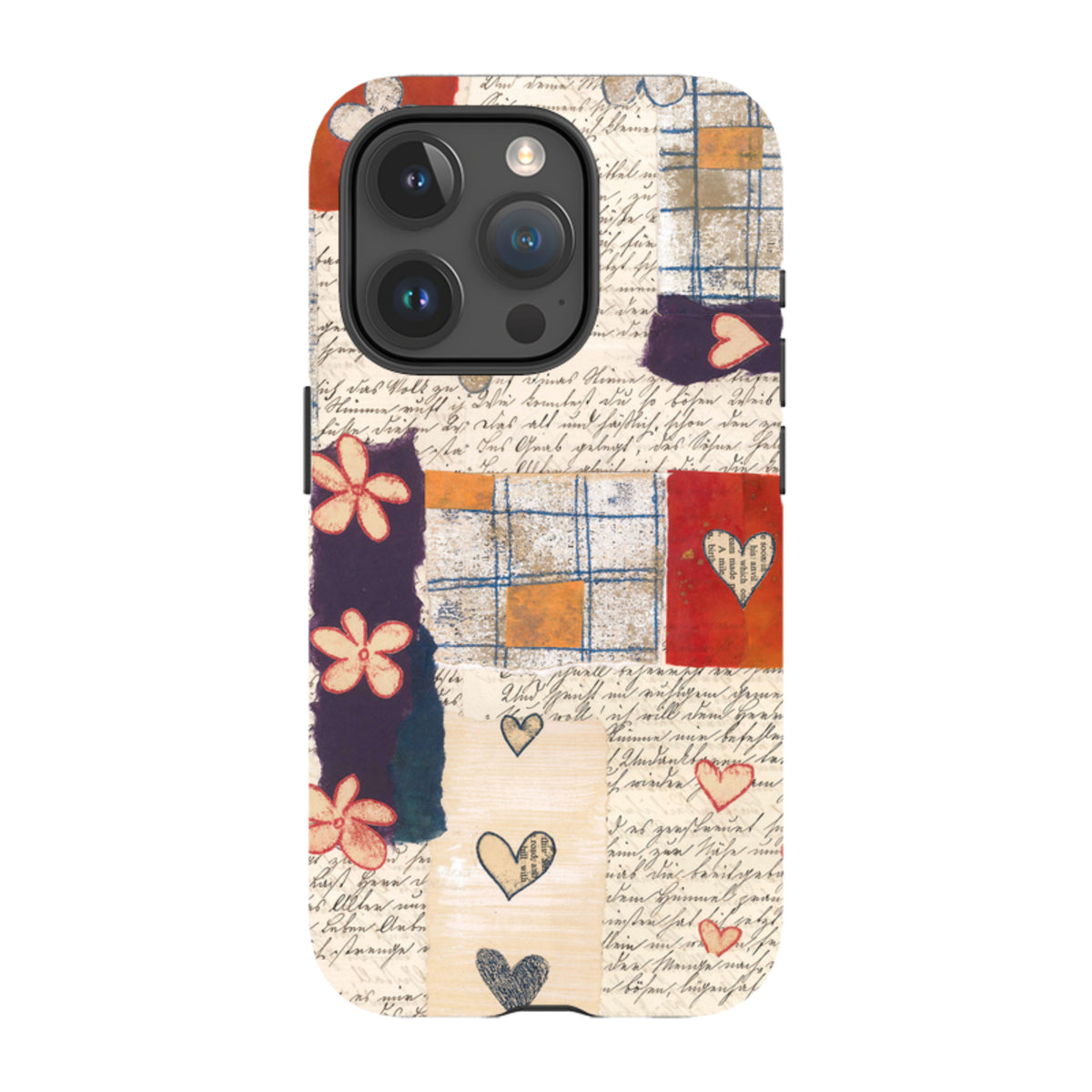 Dual-layer iPhone tough case featuring Alicia by Jehane collage art with vintage script, floral patterns, and heart motifs.
