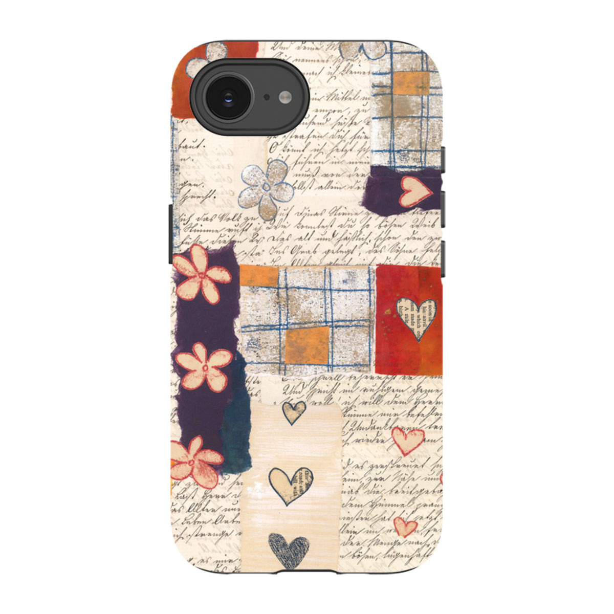 iPhone tough case featuring Alicia by Jehane collage art with handwritten script, floral motifs, and heart patterns.
