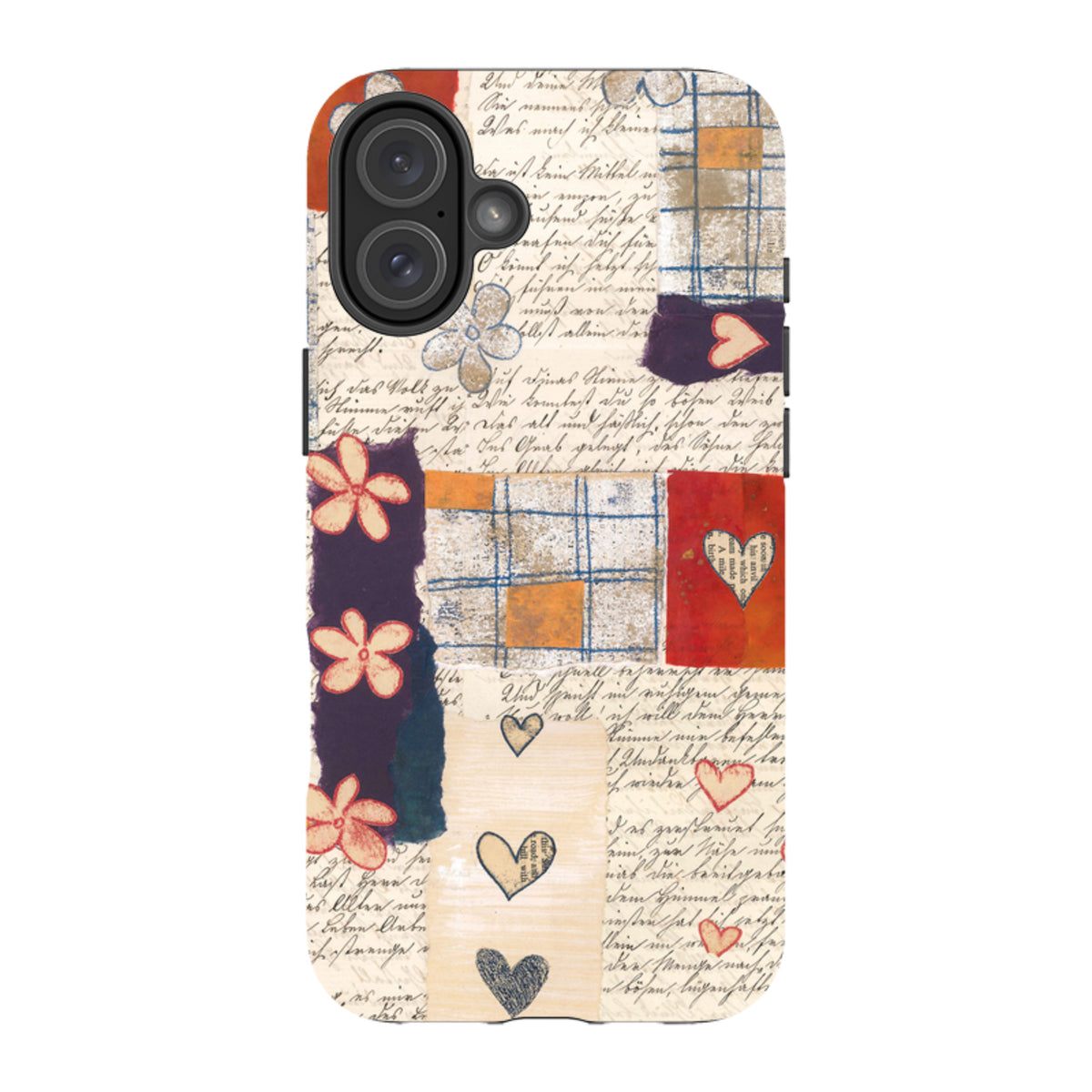iPhone tough case featuring Alicia by Jehane art with vintage script, floral motifs, and heart patterns in a collage style.